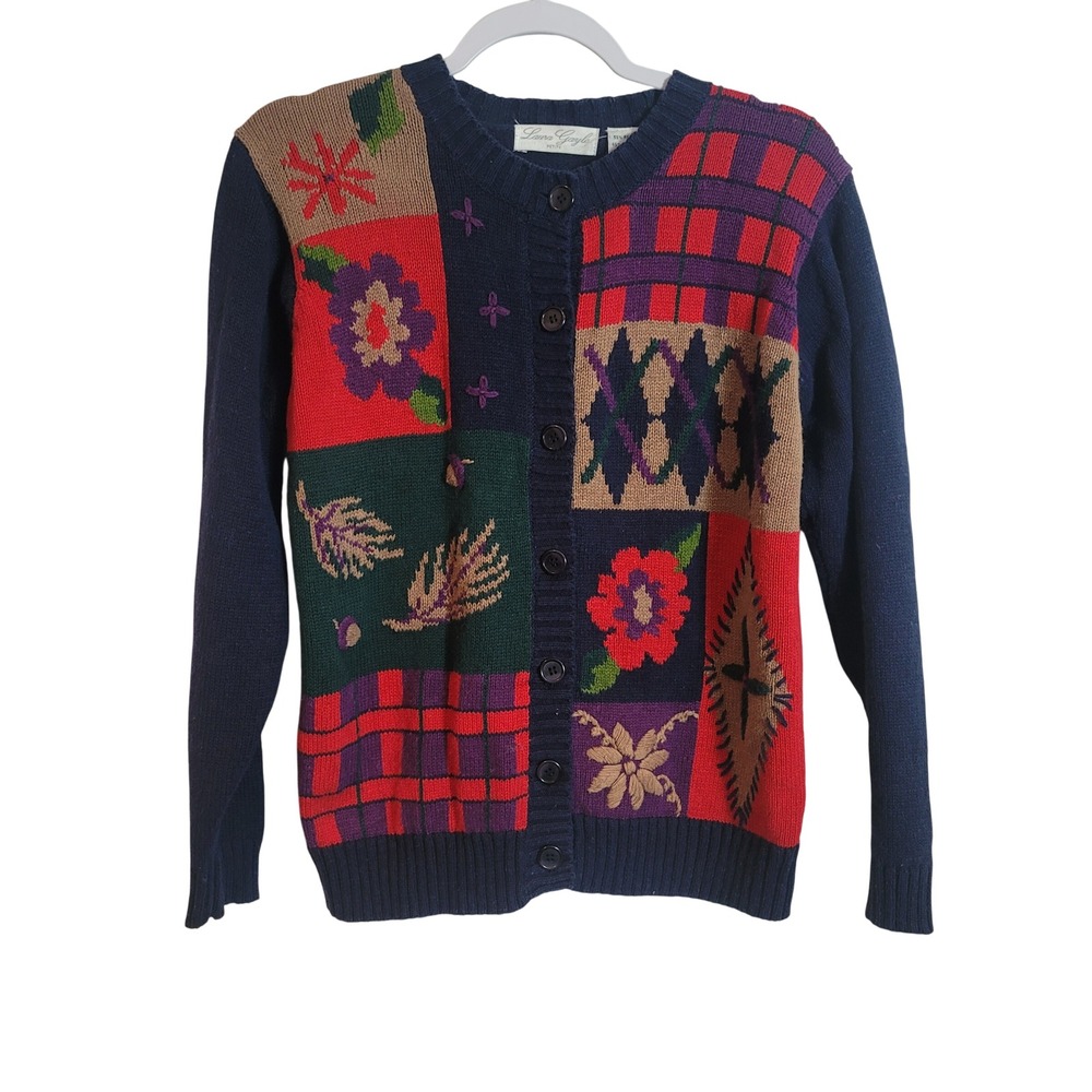 Laura Gayle Petite Womens Patchwork Floral Knit Cardigan Sweater Navy Size Small